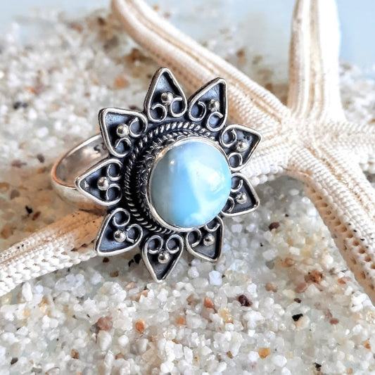 SUNFLOWERS - LARIMAR STONE FLOWER 925 RING - Premium Rings from www.beachboho.com.au - Just $65! Shop now at www.beachboho.com.au
