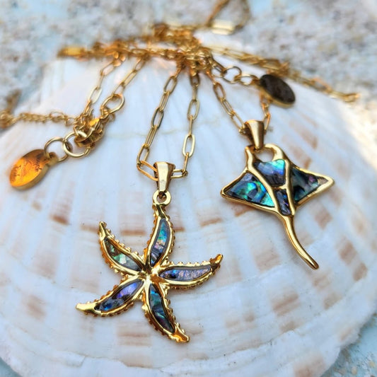 Mantra Ray or Star Fish - 18k Gold Waterproof Paua shell