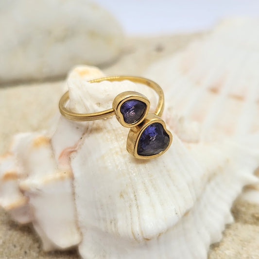 Gold ring with purple gemstones on a shell