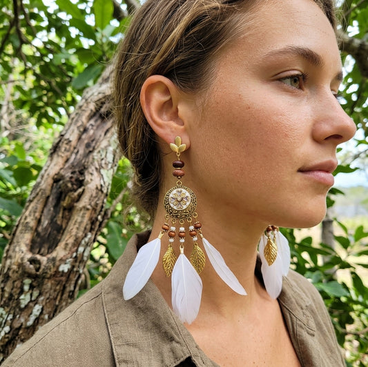 White Dreams - Statement Agate Stone / Wood & Feather Earrings