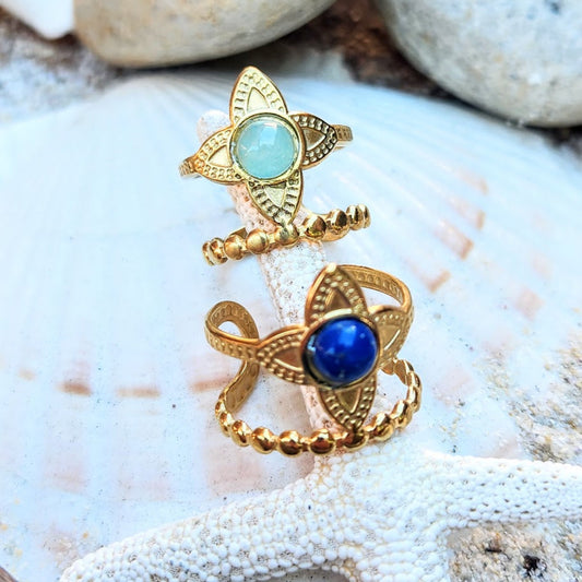 Royal Stars - Chalcedony or Lapis Lazuli Waterproof Double Banded 18K Gold Rings