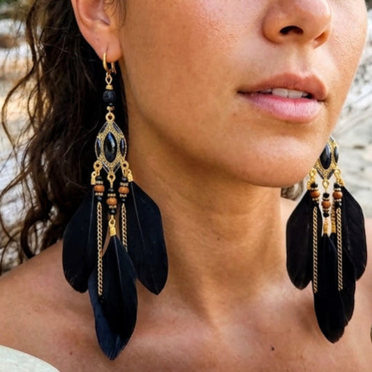 Lava Black - Statement Lava Black Bead / Wood & Feather Earrings