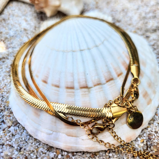 JEU DE TROIS (SET OF 3) 18K GOLD OR SILVER WATERPROOF SNAKE CHAIN ANKLETS