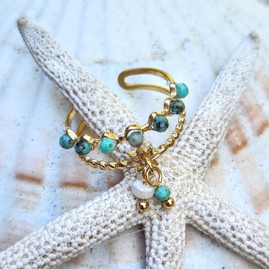 Little Stones - Waterproof Adjustable Turquoise / Onyx or Rose Quartz & Pearl 18K Gold Ring
