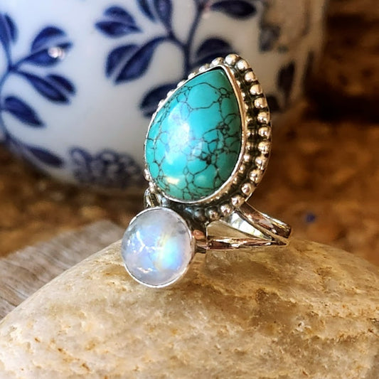 CALM MOON - MOONSTONE & TURQUOISE 925 BOHO RING - Premium Rings from www.beachboho.com.au - Just $85! Shop now at www.beachboho.com.au