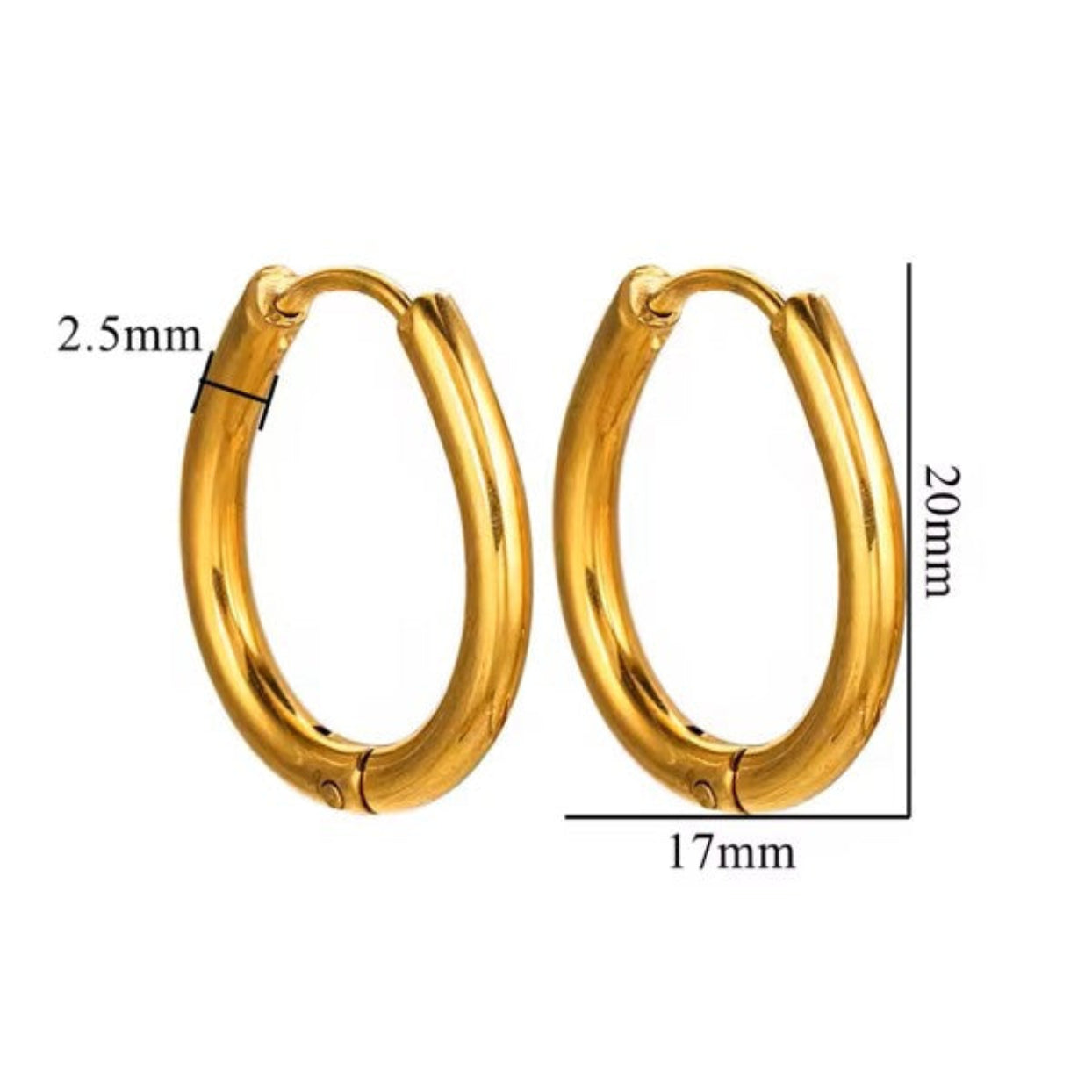 Gold hoop earrings with measurements on a white background