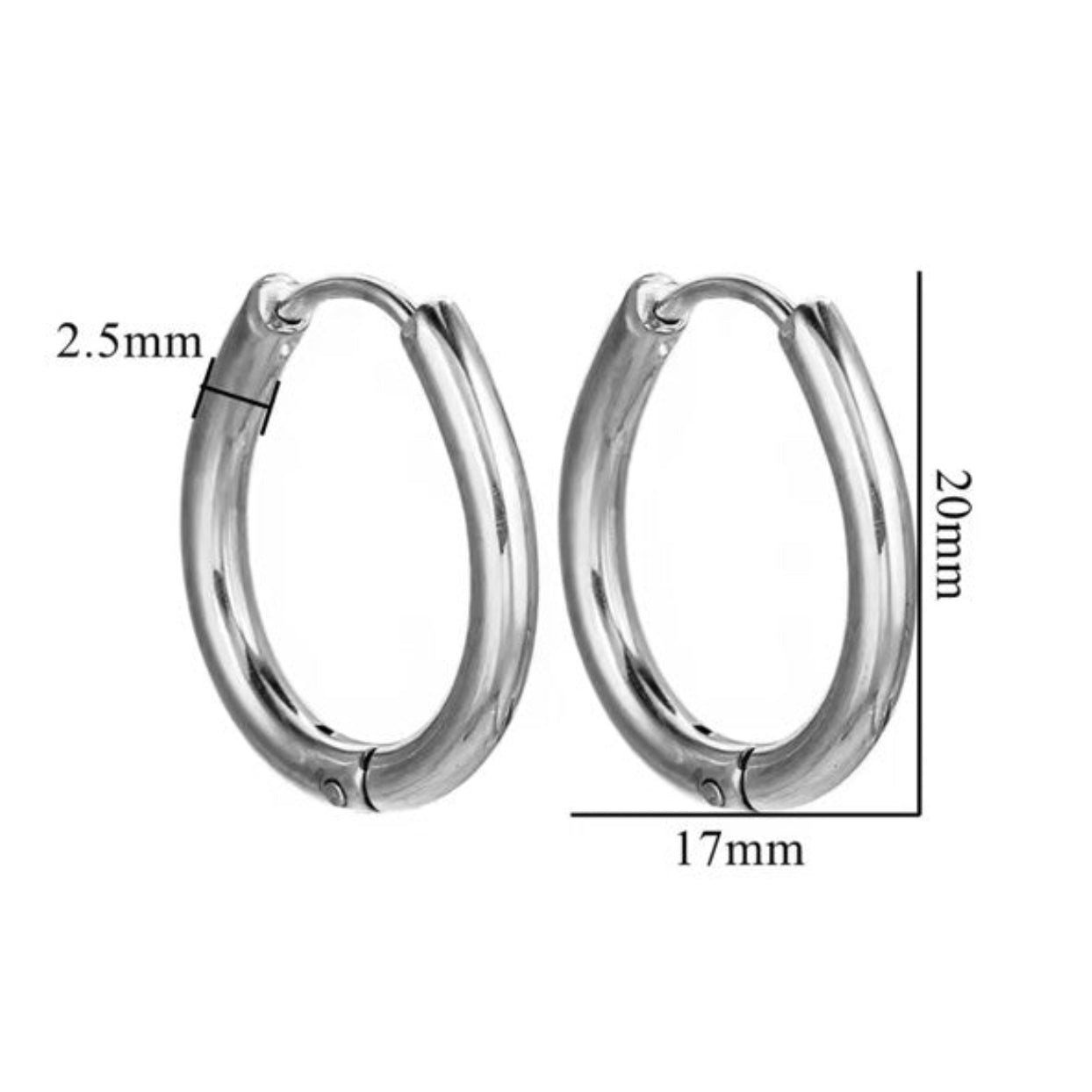 Pair of silver hoop earrings with measurements on a white background