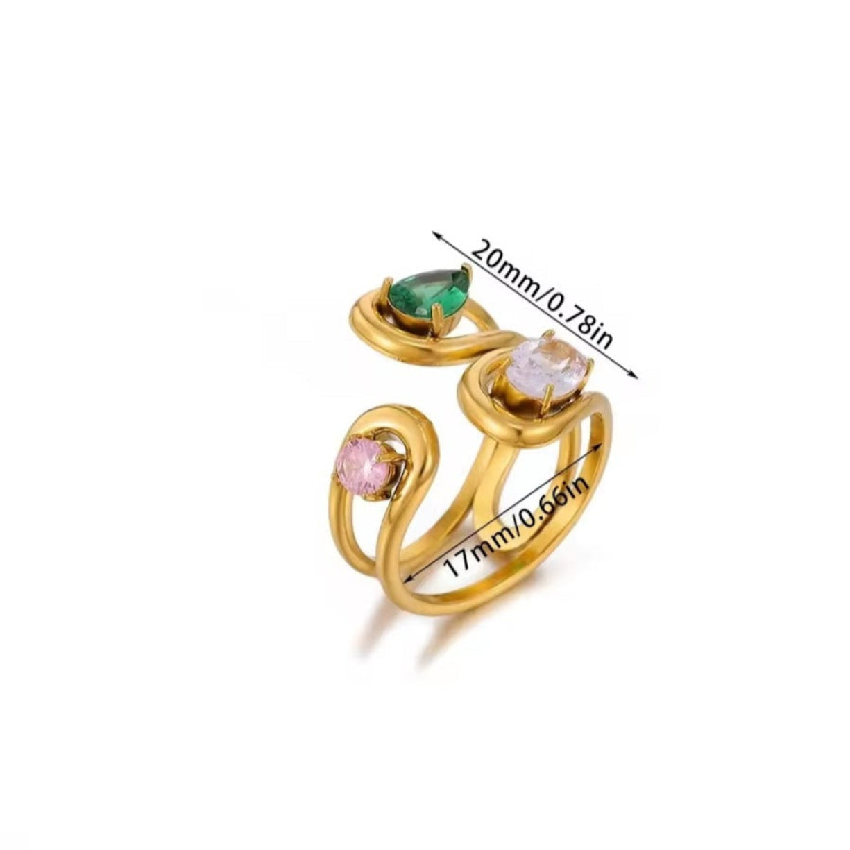 Gold ring with gemstones and measurements on a white background