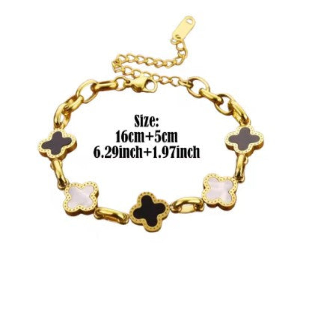 Gold bracelet with clover-shaped ends on a white background