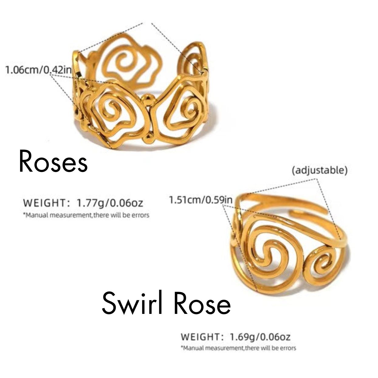 ROSE SWIRLS  -  CHOICE OF TWO DESIGNS  WATERPROOF 18K GOLD RINGS