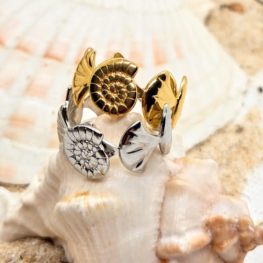 BEACH SHELLS  - ADJUSTABLE WATERPROOF GOLD & SILVER RING