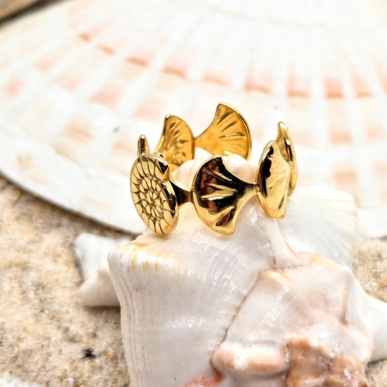 Gold fish-shaped earrings on a seashell with sand in the background