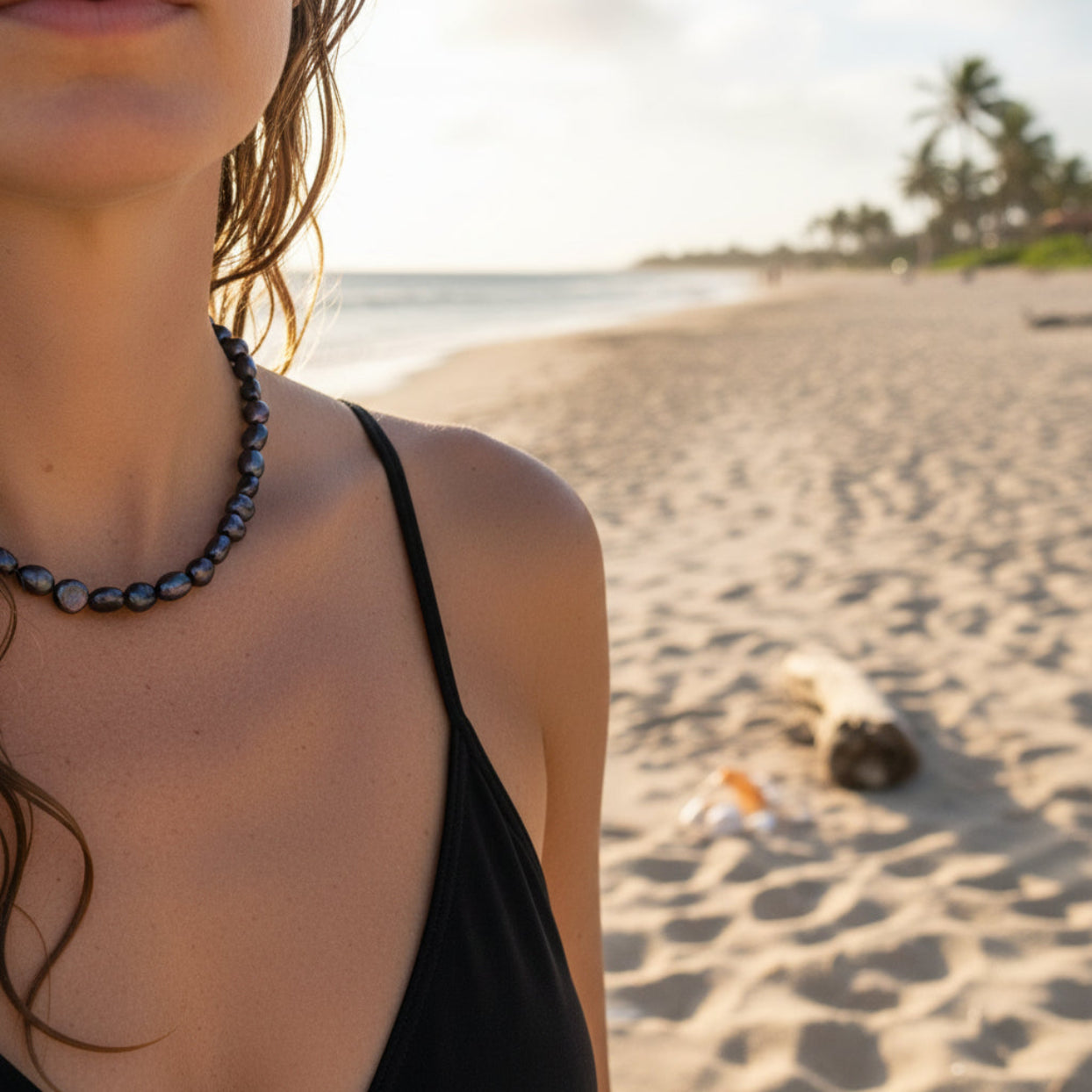 Person on a beach with a necklace, blurred background