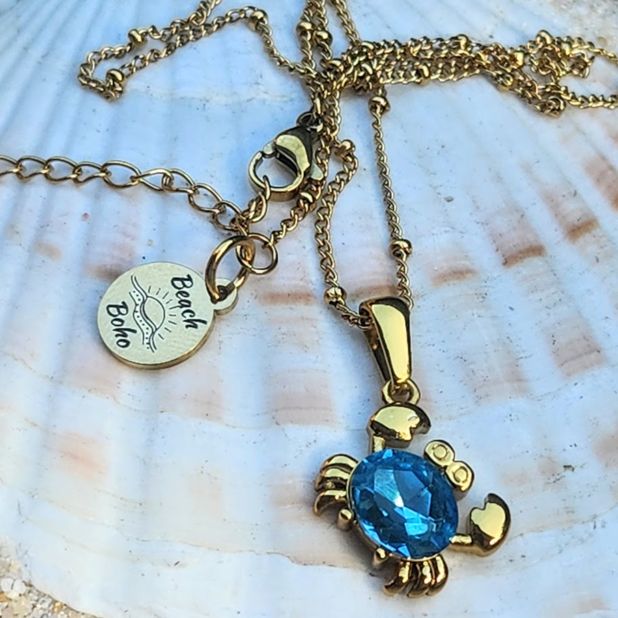 LITTLE CRAB   - 18K GOLD AQUAMARINE CRAB CHARM WATERPROOF NECKLACE