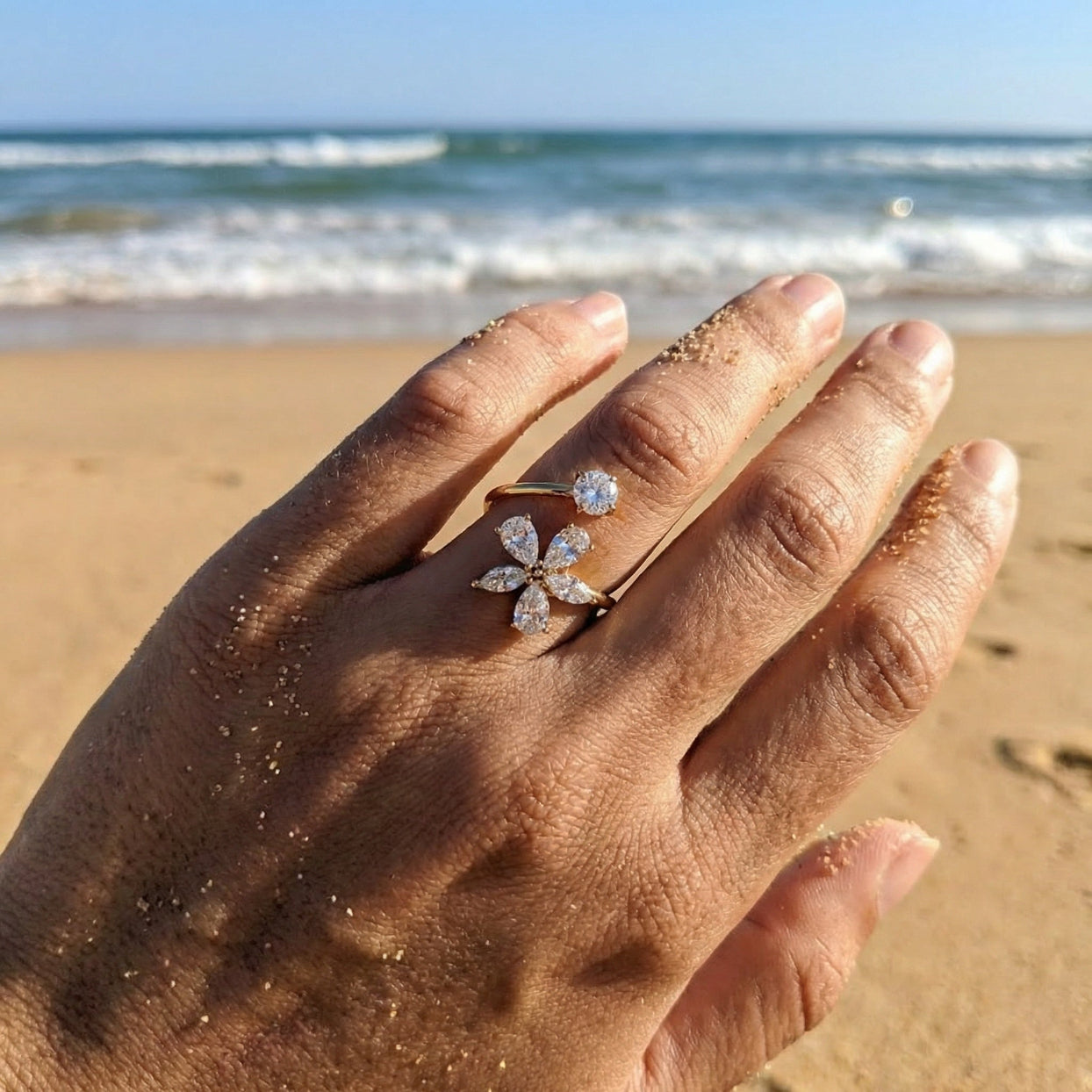 CRYSTAL FLOWER   - ADJUSTABLE CZ WATERPROOF GOLD RING