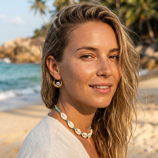 Woman on a beach with ocean and rocks in the background