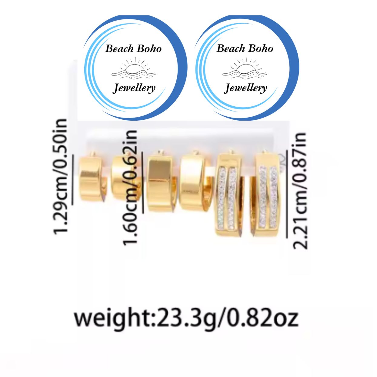 Gold jewelry set with measurements and 'Beach Boho Jewellery' branding on a white background