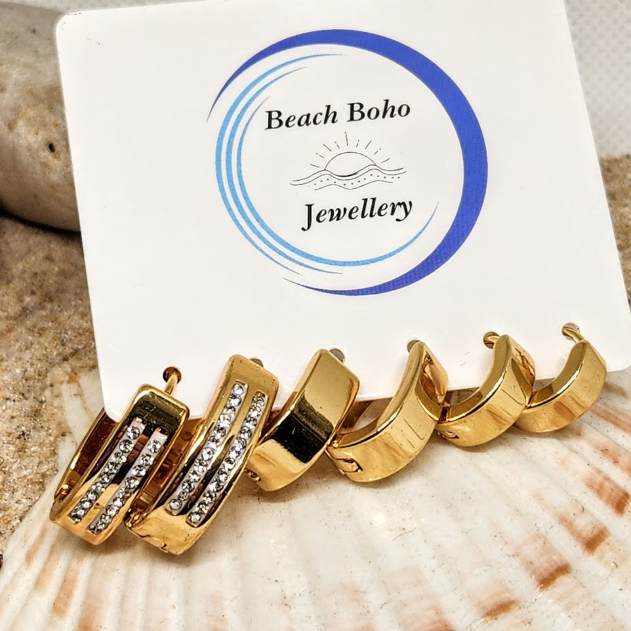 Gold bracelet with crystals on a shell with 'Beach Boho Jewellery' card