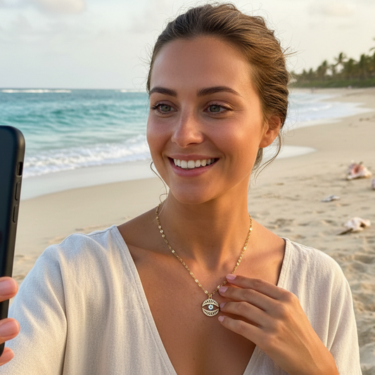 Woman taking a selfie on a beach with ocean and palm trees in the background