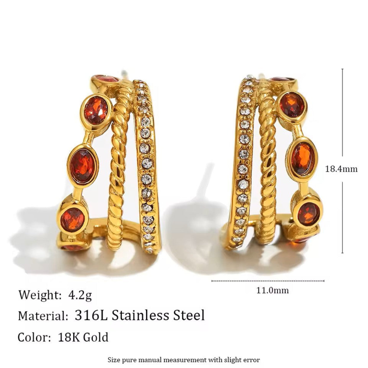 Gold hoop earrings with red gemstones and clear stones, shown with measurements and material details.