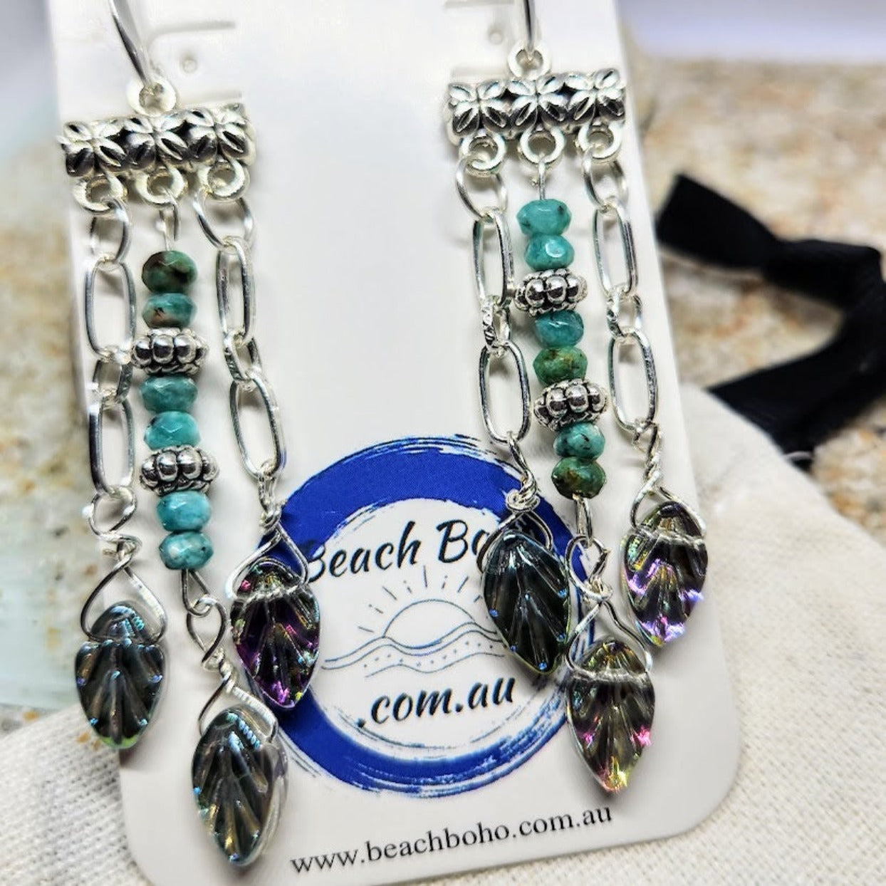 THREE LEAVES - CECH GLASS LEAVE SILVER HOOK EARRINGS - Premium earrings from www.beachboho,com.au - Just $60! Shop now at www.beachboho.com.au