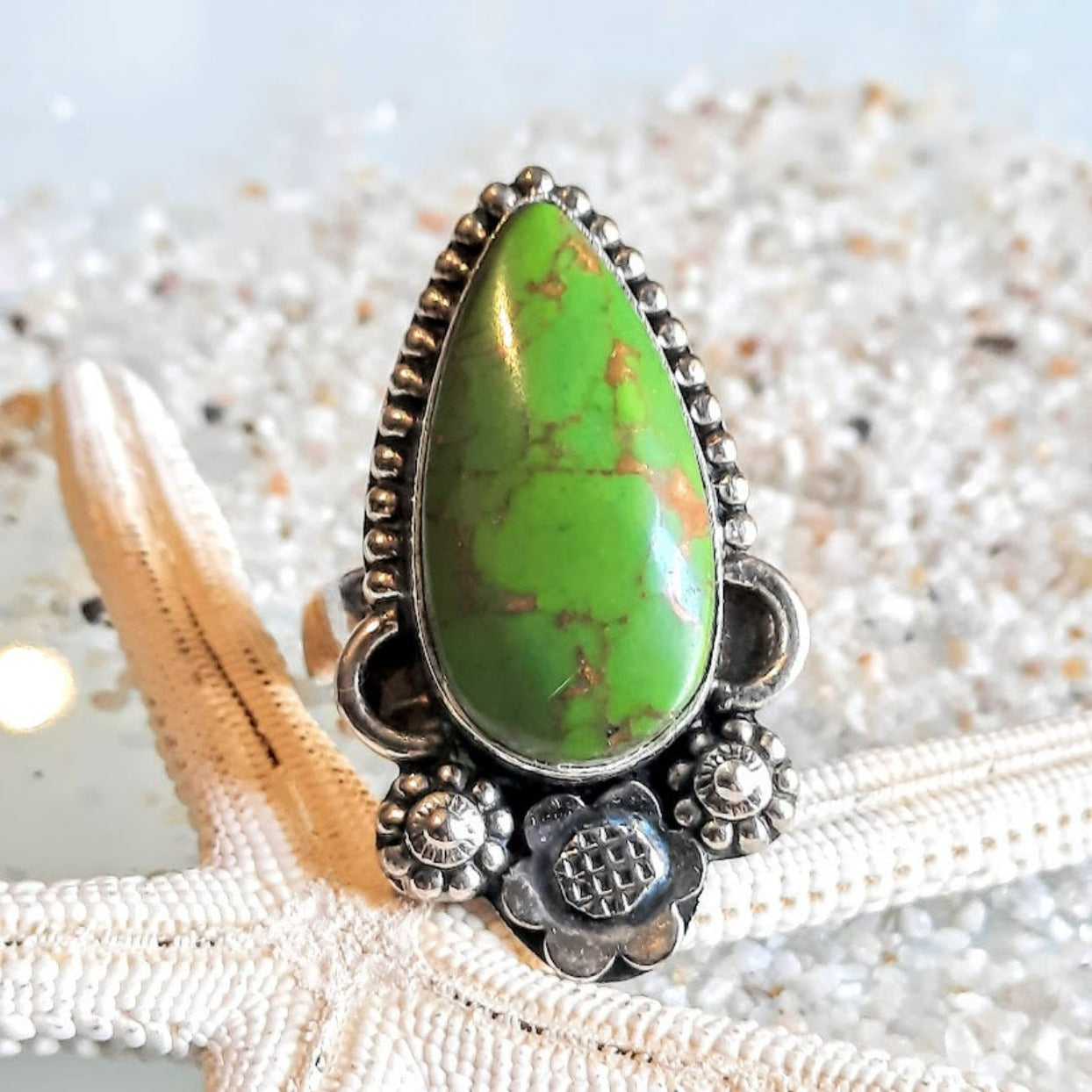 COPPER GREEN TURQUOISE 925 FLOWER RING
