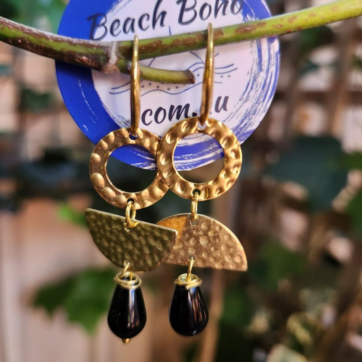 EMPRESS BLACK - HAMMERED GOLD ONYX EARRINGS - Premium earrings from www.beachboho,com.au - Just $40! Shop now at www.beachboho.com.au