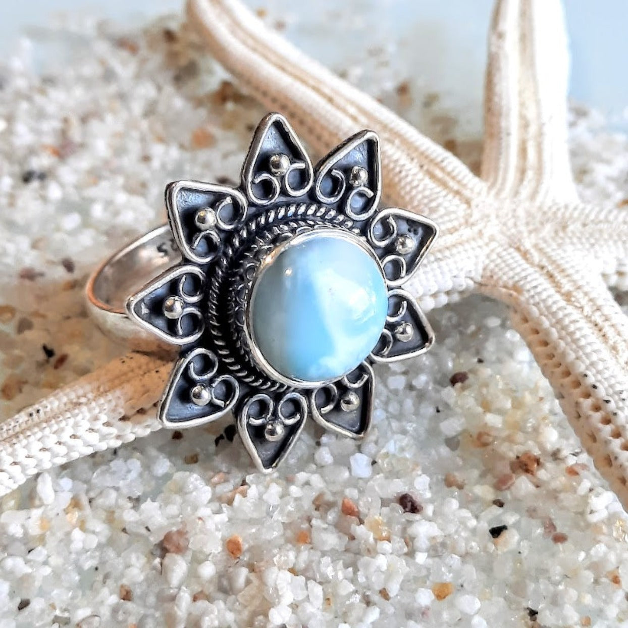LARIMAR STONE FLOWER 925 RING - Main Image