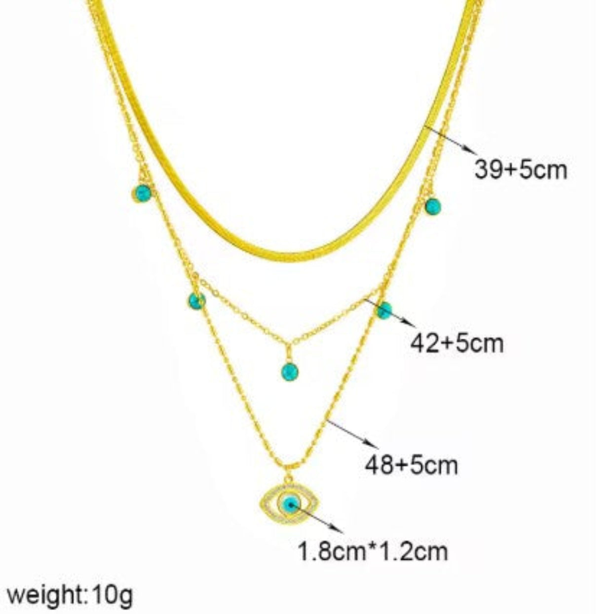 Gold necklace with turquoise beads and measurements on a white background