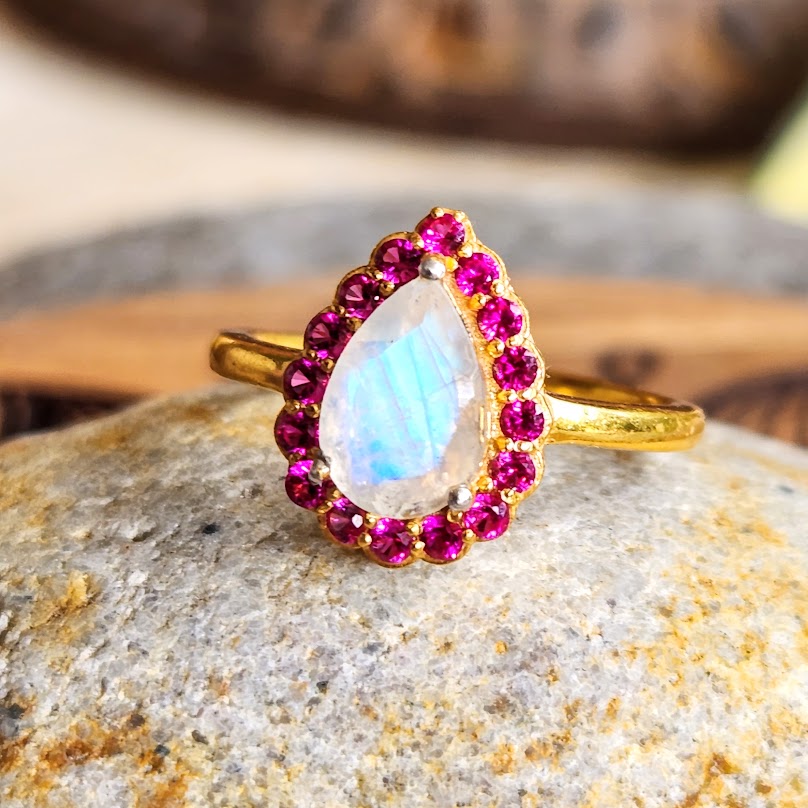 SWEET MOON CLOUDS - PINK TOURMALINE OR WHITE MOONSTONE CRYSTAL 925 VERMEIL RINGS