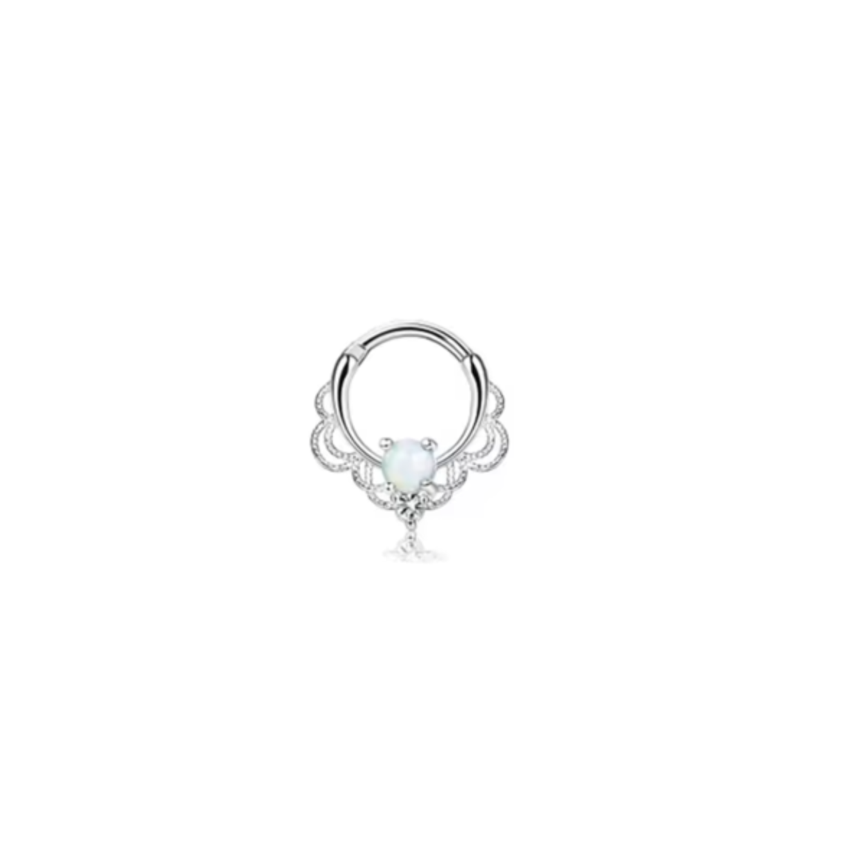 Silver ring with a central gemstone on a white background