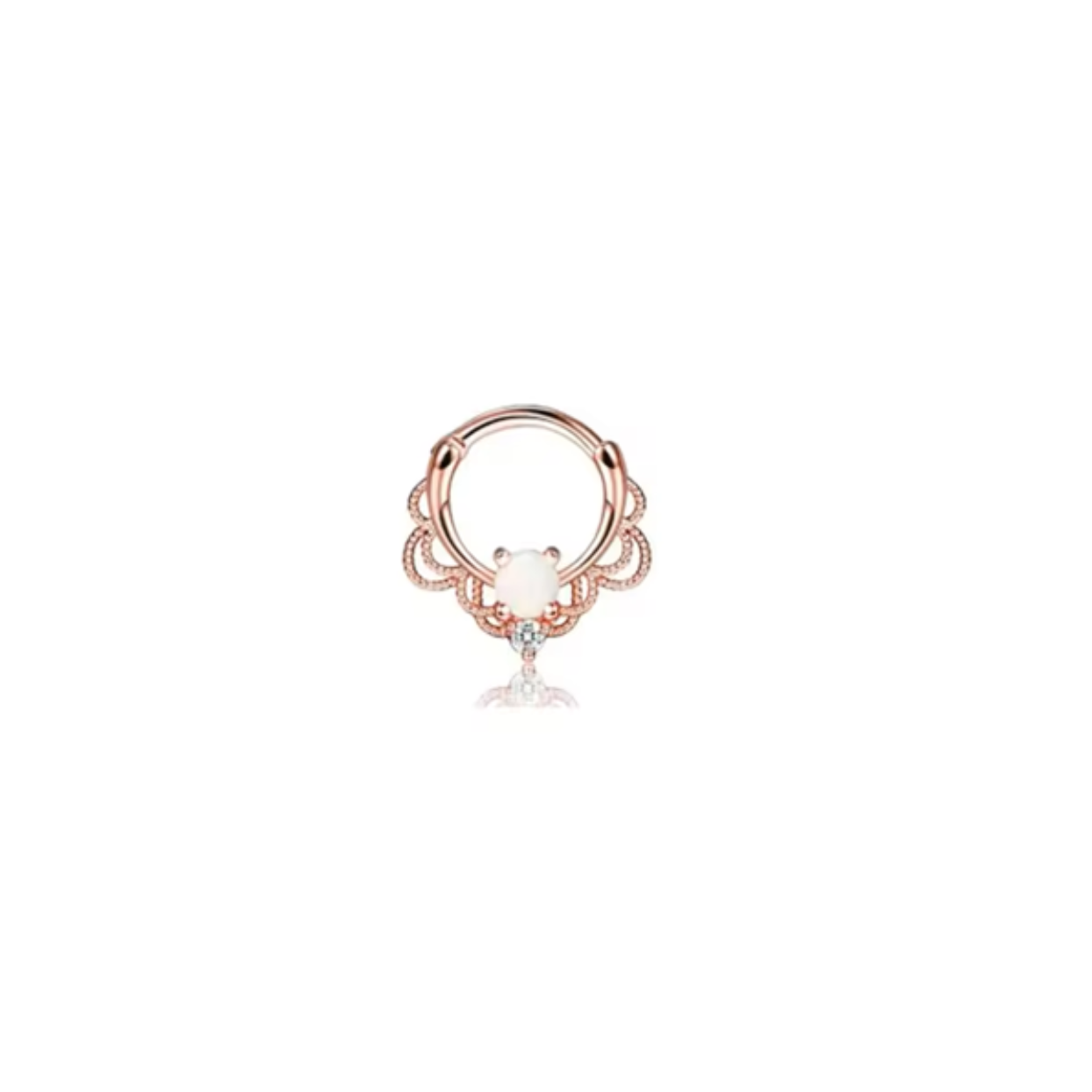 Rose gold hoop earring with a central gemstone on a white background