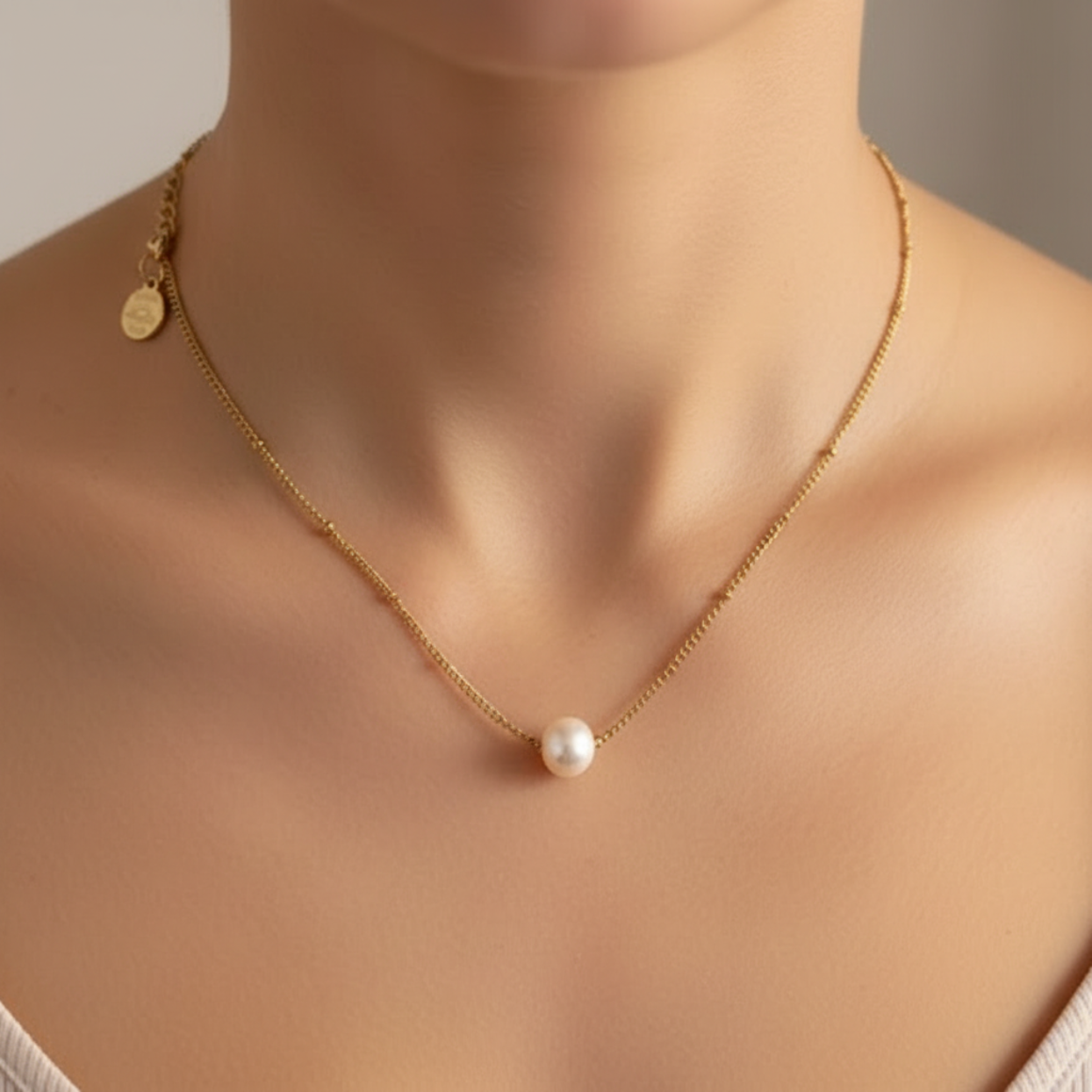 Gold necklace with a pearl pendant on a mannequin