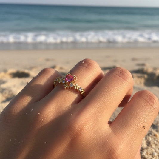QUARTZ HEART  -  ROSE QUARTZ & CZ  WATERPROOF 18K GOLD RINGS