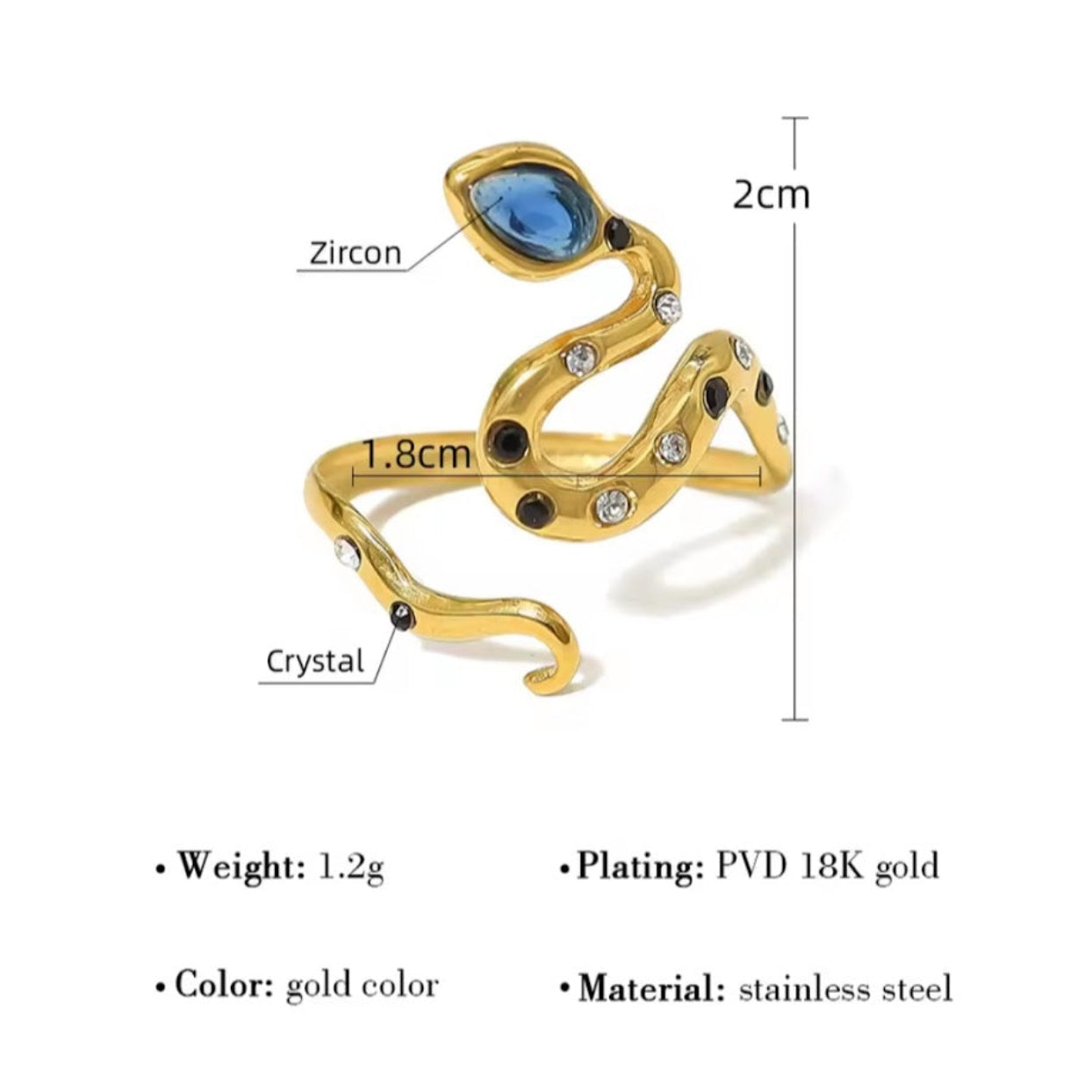 SAPPHIRE SNAKE  - ADJUSTABLE CUBIC ZIRCONIA WATERPROOF 18K GOLD RING