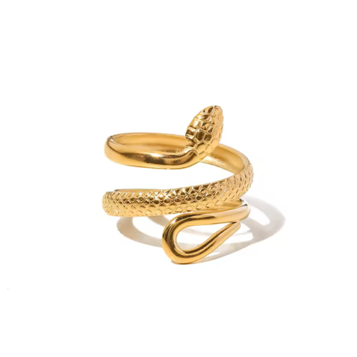 Gold snake-shaped ring on a white background