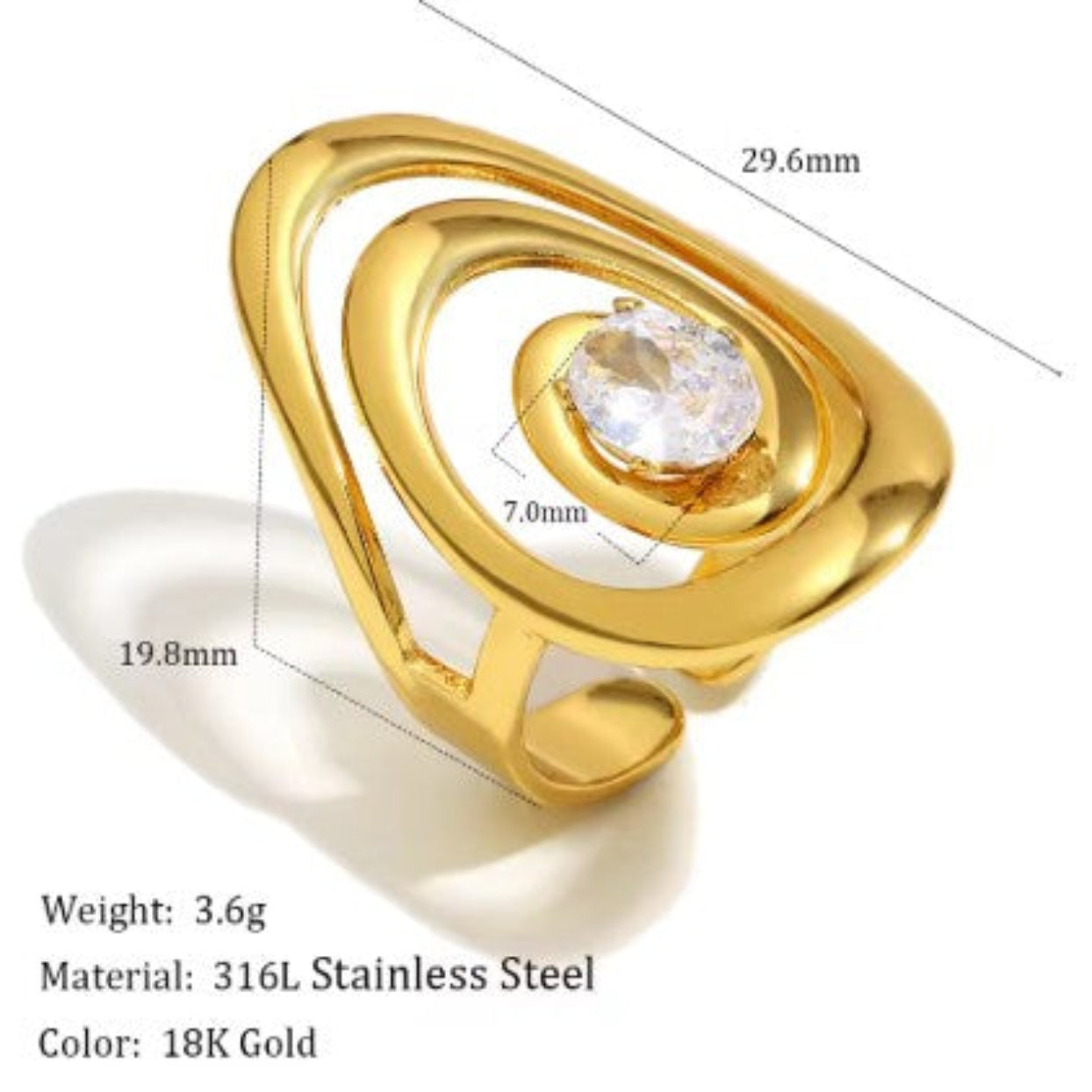 Gold ring with a central gemstone, shown with measurements and material details on a white background.