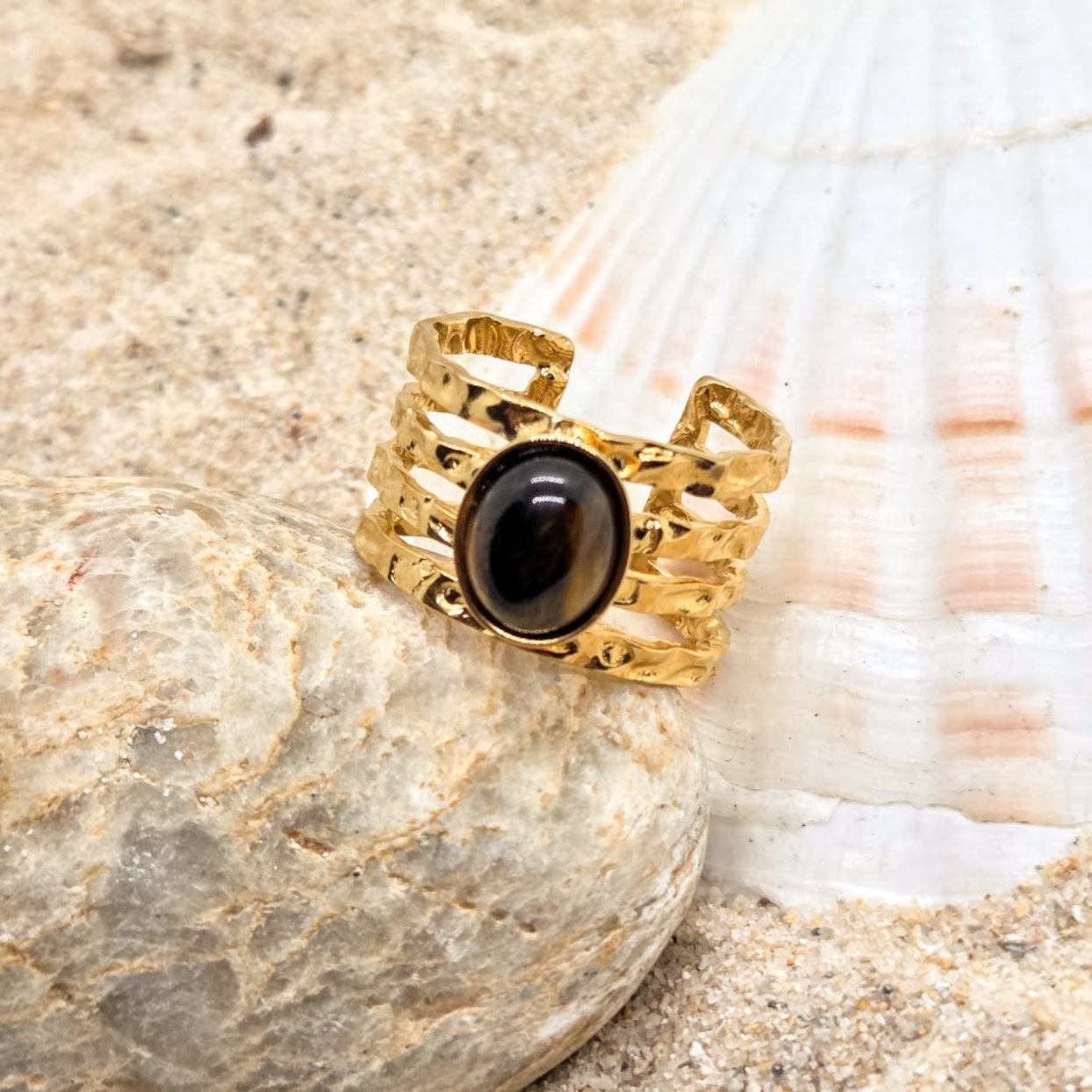 ENHANCE   -   ADJUSTABLE TIGER EYE WATERPROOF GOLD RING