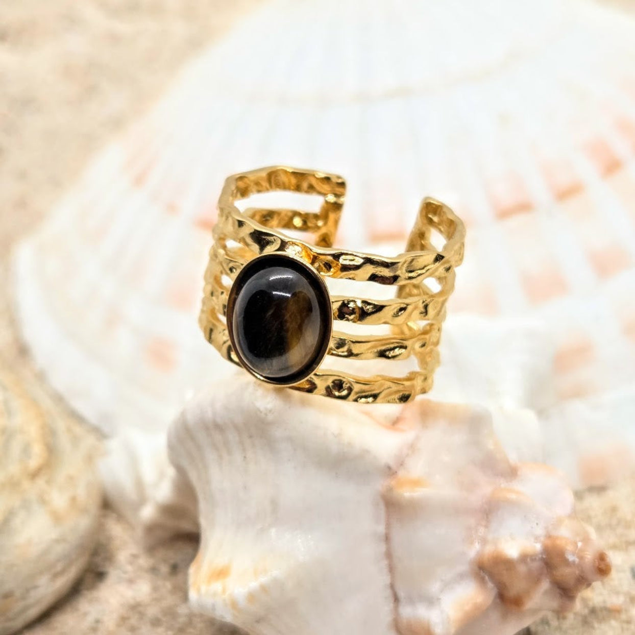 ADJUSTABLE TIGER EYE WATERPROOF GOLD RING
