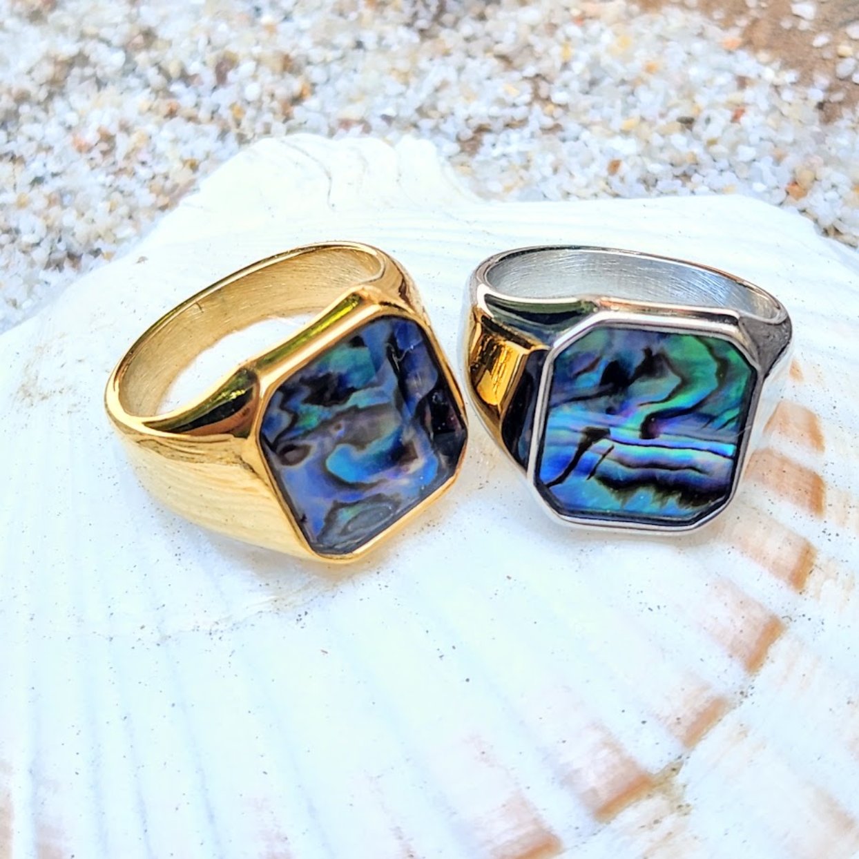 PAUA SHELL & OPAL INLAY WATERPROOF 18K GOLD MEN'S RING