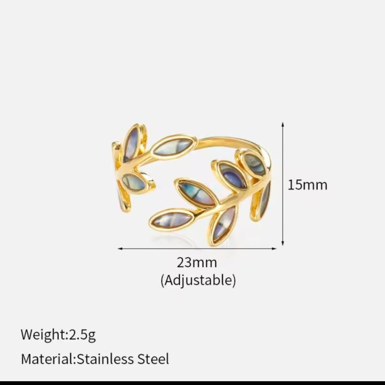 Gold bracelet with leaf design and measurements on a white background