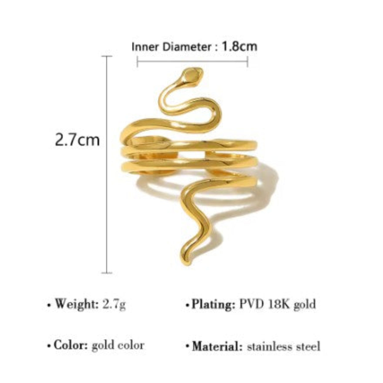 Gold snake-shaped ring with measurements and material details on a white background