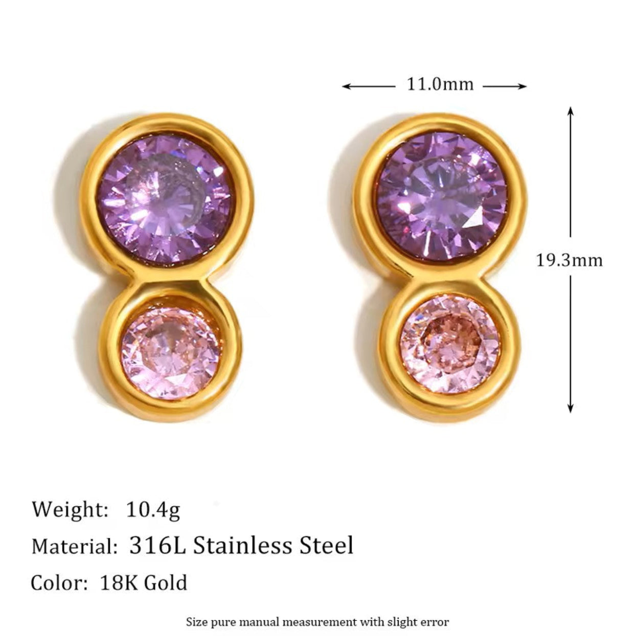 Gold earrings with purple and pink gemstones, showing measurements and material details.
