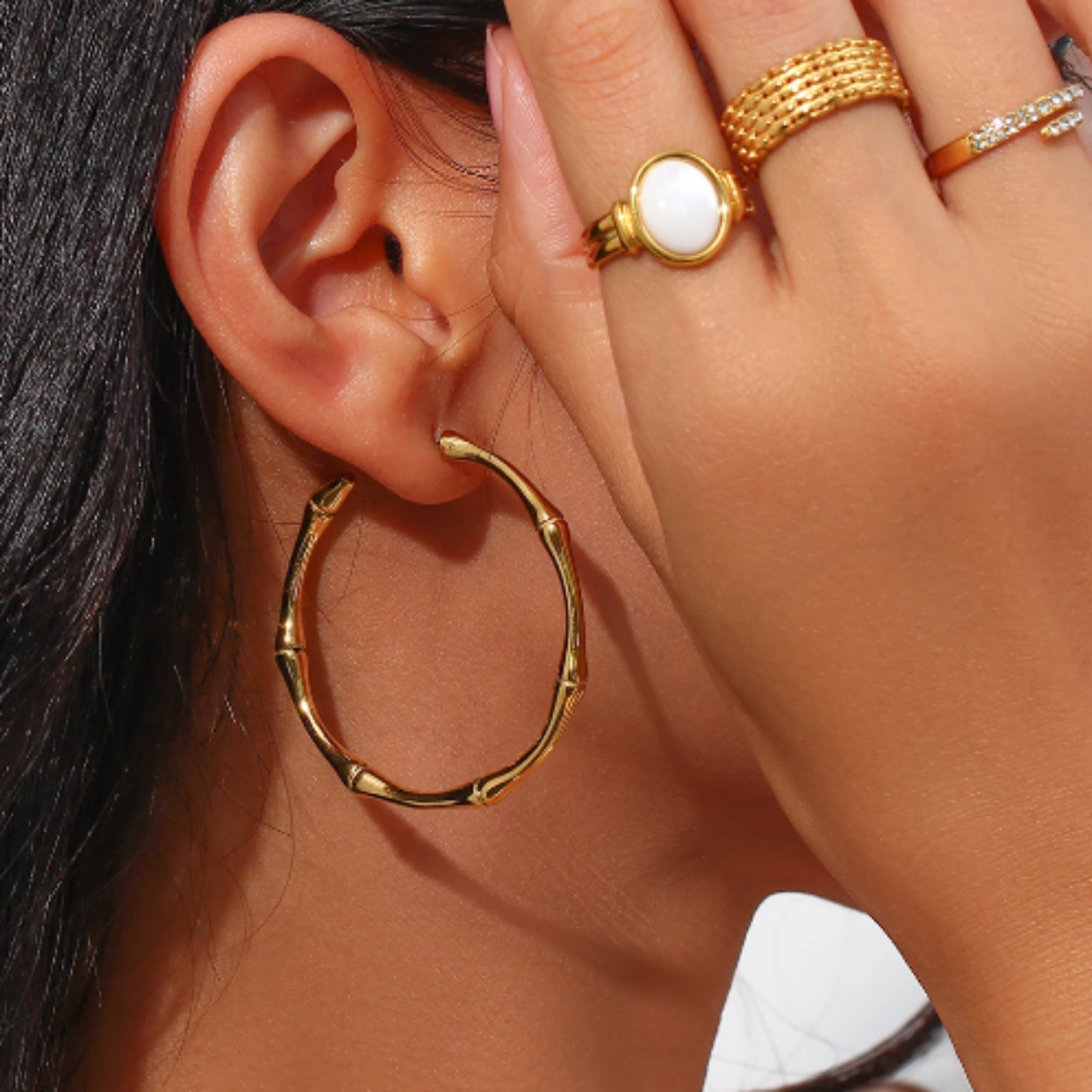 GOLD WATERPROOF BAMBOO HOOP EARRINGS