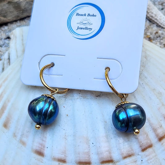 PERLE NOIR  - BLACK PEARL HOOP STUD  -  18K GOLD -  WATERPROOF EARRINGS