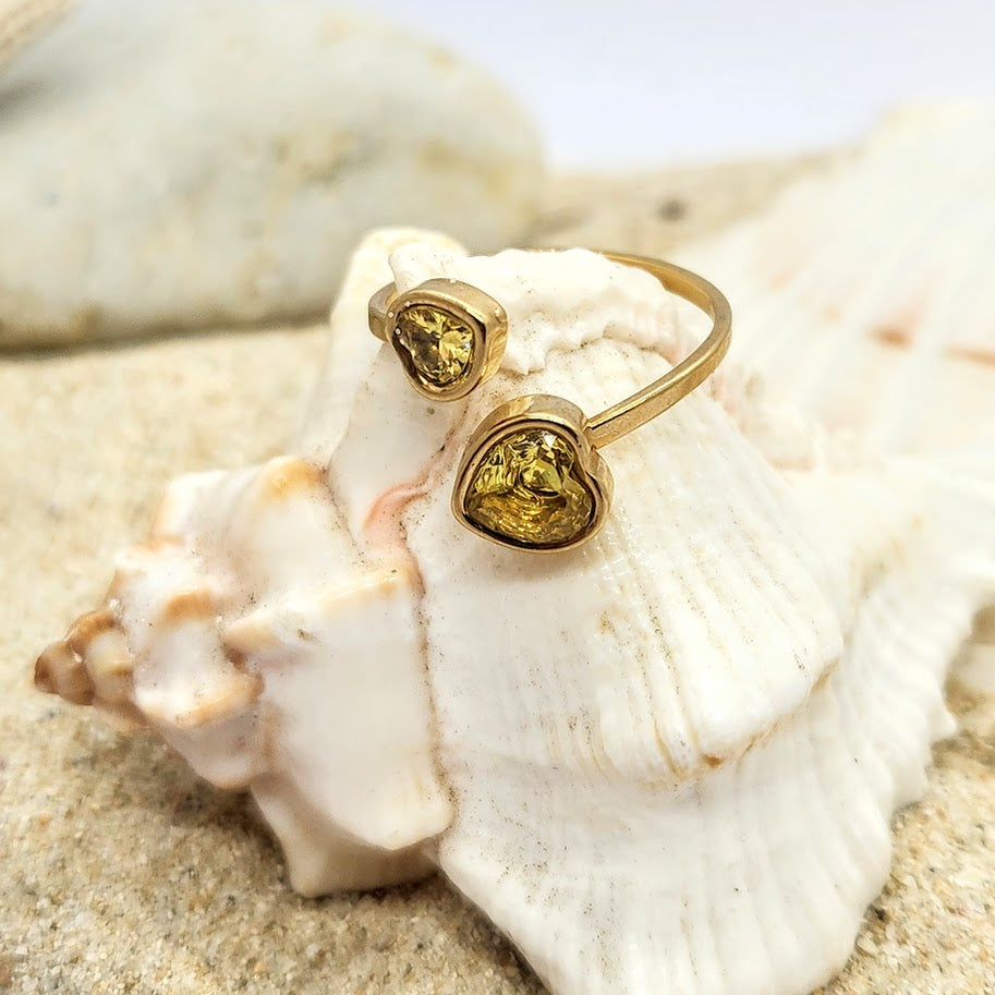 ADJUSTABLE HEARTS -  CZ CITIRNE AMETHYST OR EMERALD  WATERPROOF 18K GOLD RINGS