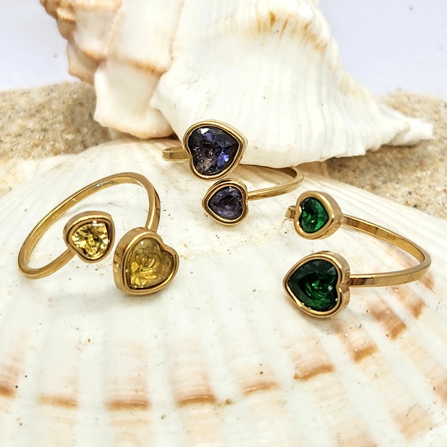 ADJUSTABLE HEARTS -  CZ CITIRNE AMETHYST OR EMERALD  WATERPROOF 18K GOLD RINGS
