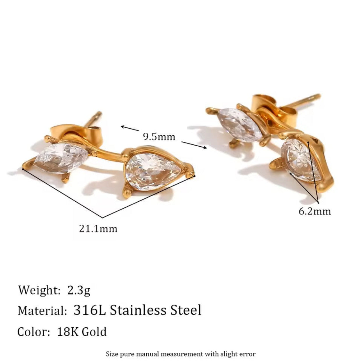 Gold earrings with clear stones, showing measurements and material details on a white background.