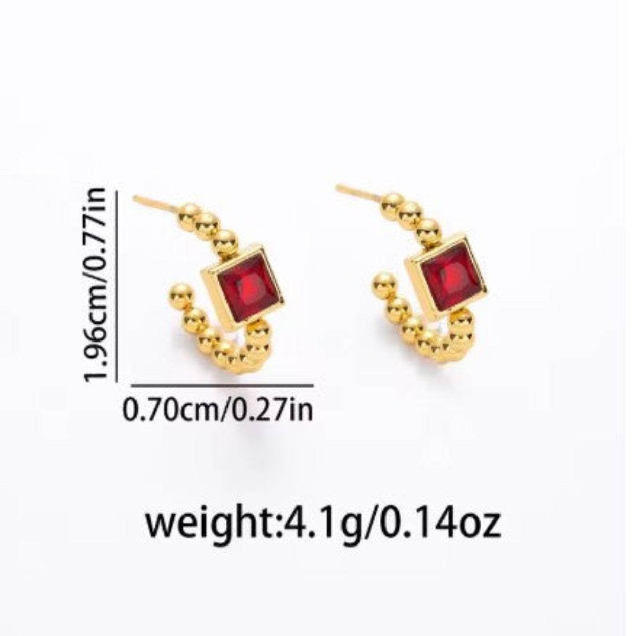 Gold crescent-shaped hoop earrings with square red gemstone accents, shown with dimension lines and text indicating size and weight on a white background.