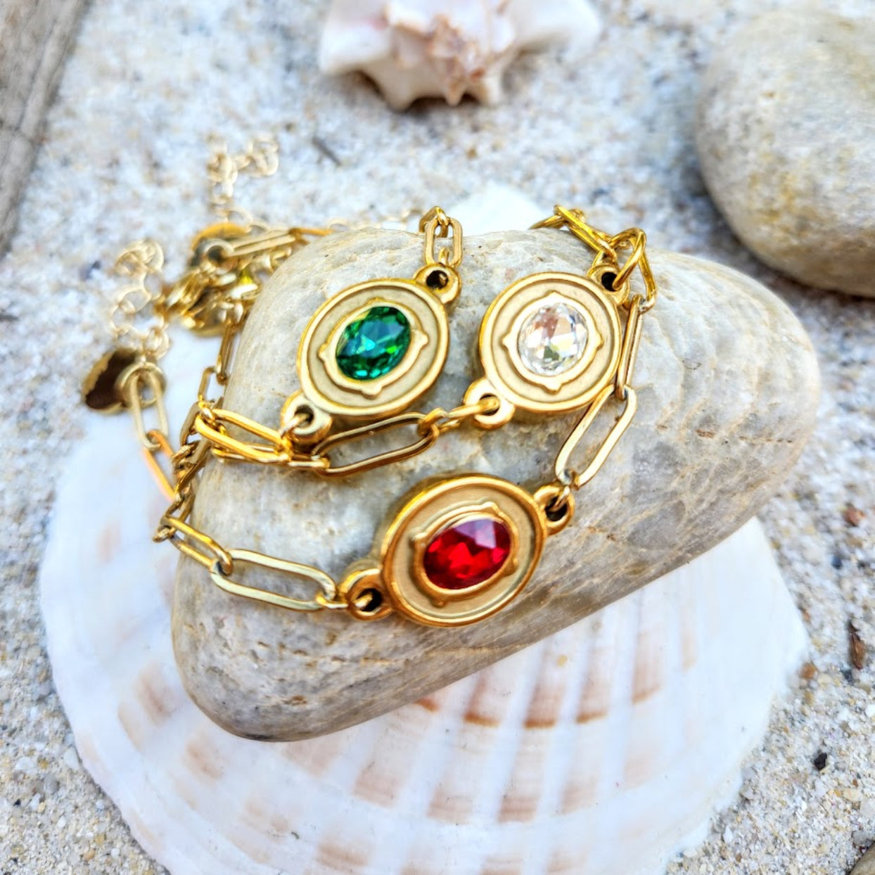 CRYSTAL DREAMS  -  CHOICE OF RUBY / CRYSTAL OR EMERALD 18K GOLD WATERPROOF CHAIN BRACELET